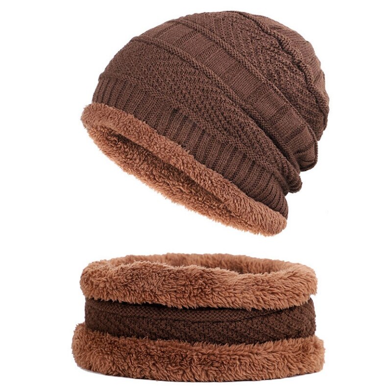 Strikket hat unisex vinter tyk varm fleece foret hals varmere tørklæde sæt til snowboard skiløb skøjteløb: Brun