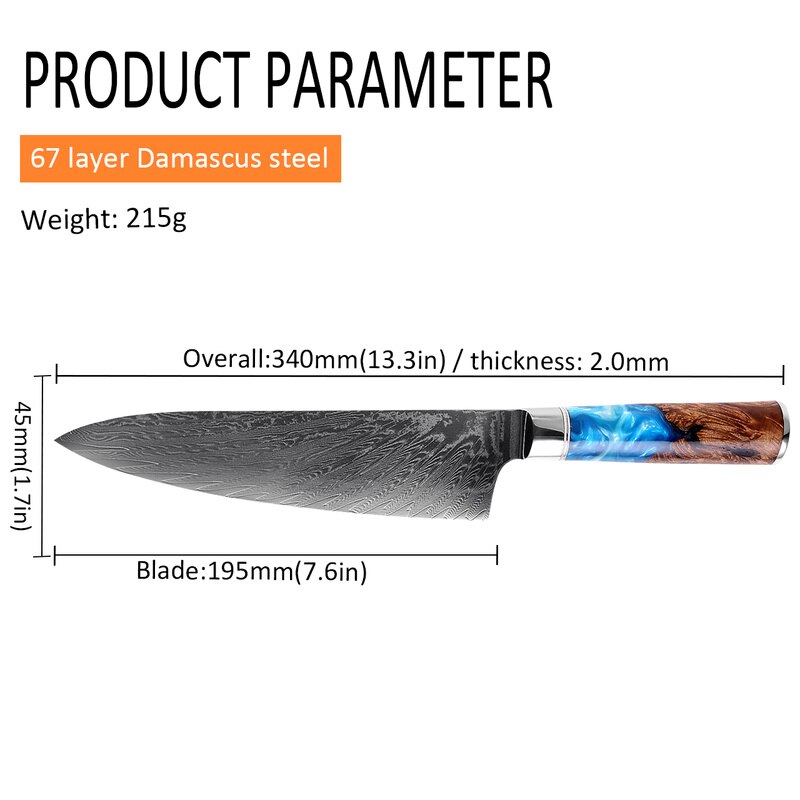 8" Japanese Chef Knife 67-Layer Damascus Steel VG10 Kitchen Knife Meat Fish Fruit Vegetables Slicing Cleaver Knife