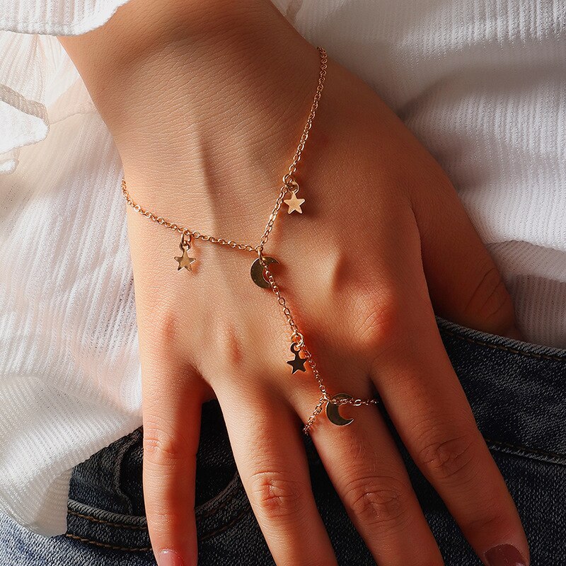 Gold Snake Wrist Chain Bracelet Butterfly Moon Star Pendant Connected Metal Finger Ring for Women Hand Jewelry: 6 Gold
