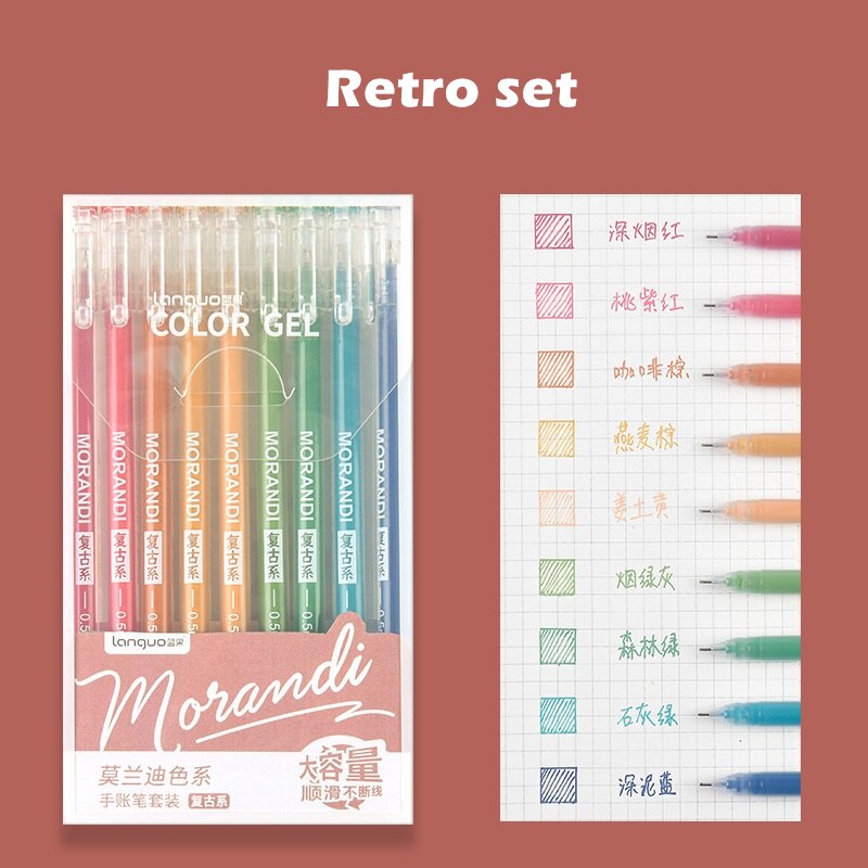 9 st morandi grå penna set multi färg gel bläck pennor vintage markör liner 0.5mm kulspets brevpapper kontor skola  a6037: Retro uppsättning