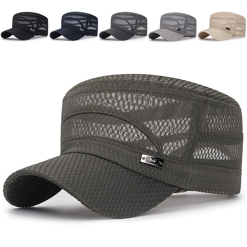 Unisex zomer platte pet dames heren ademend mesh hoed effen kleur buiten vissen sport zonnehoed casual zonnebrandcrème petten hoofdbedekking