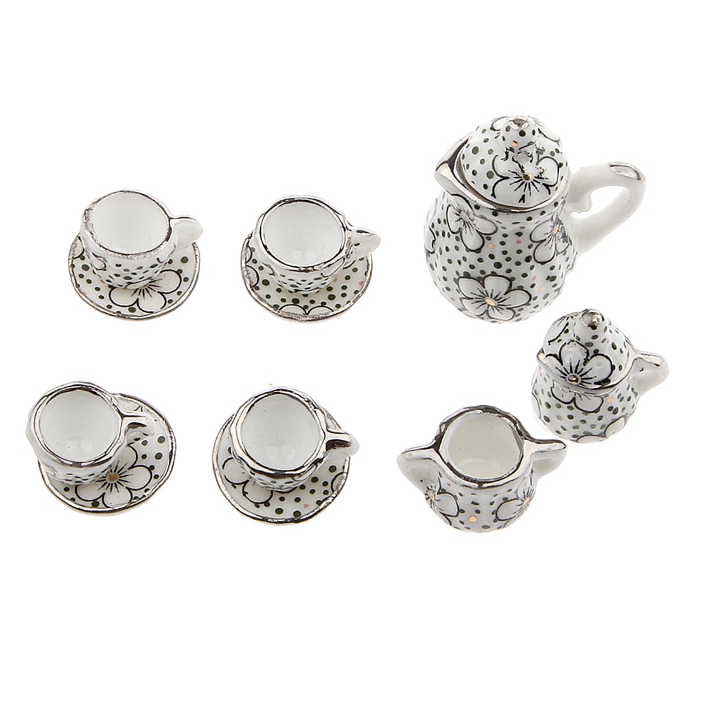17 Pcs Porselein Miniatuur Koffie Thee Kopjes Schotels Set Poppenhuis Accessoires