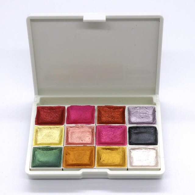 12 färg metallic akvarell set guld pigment färg med vattenpensel för konstnär målning glitter vatten färg konst tillbehör: 12 retro plastz