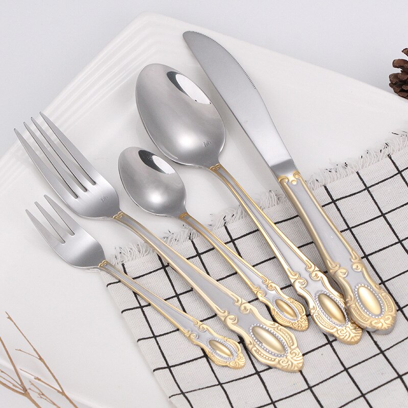 16/20pcs Dinnerware Set Stainless Steel Western Royal Cutlery Silverware Spoon Tea Forks Knives Embossed Handle Dinner Tableware