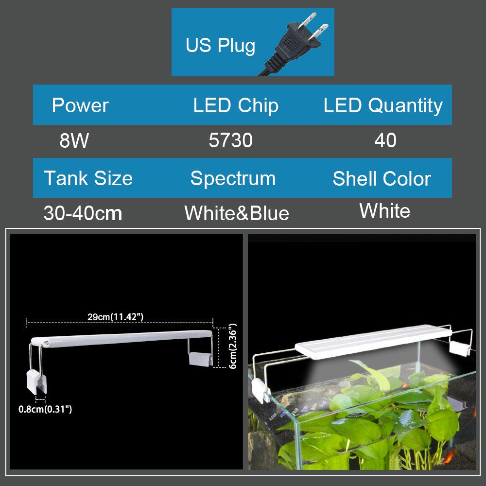 Aquarium Led Licht Slanke Uitschuifbare Clip-On Aquarium Plant Licht 5W/6W/8W/10W/11W/13W/16W/20W Aquarium Led Verlichting Voor Aquarium: 8W-US-110V