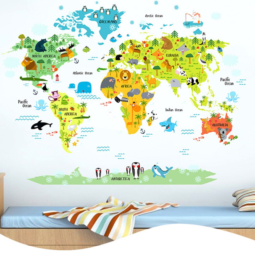 Cartoon Animals World Map Wall Stickers Removable Waterproof Wall Decals Wall Decor for Kids Room