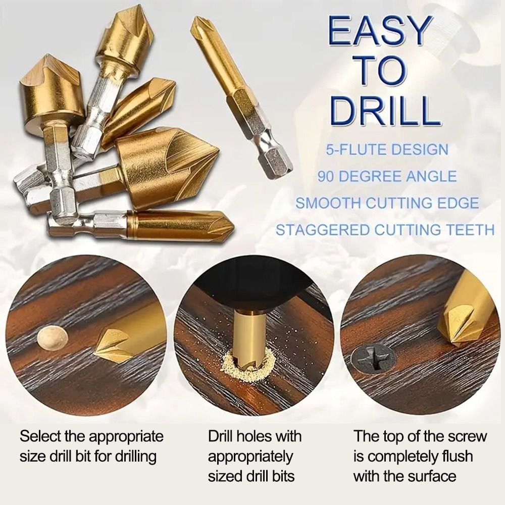 6mm-19mm Counter Sink Drill Bit Hex Shank Boring Drill Bit 5 Flute Countersink Wood Chamfering Cutter Hand Drill Tool Punch Tool