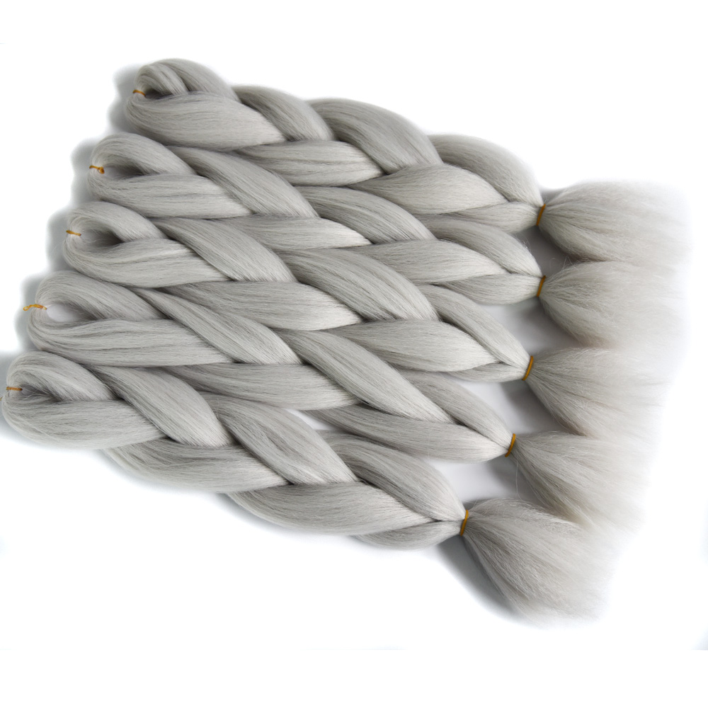 Sallyhair 24inch Ombre 3 Tone Black Purple Silver Grey Color Synthetic Braiding Hair Extension Colored Bulk Hair: #Silver Gray