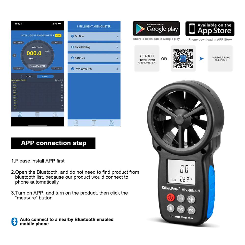 Holdpeak HP-866B-APP 0.3 ~ 30 M/s Digitale Anemometer Met Mobiele App Wind Meter Maatregelen Temperatuur Gevoelstemperatuur Backlight
