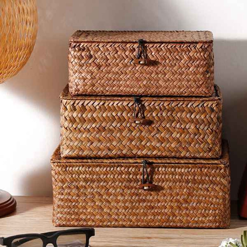 Woven Straw Storage Bins with Lid Set of 4 Rectangular Seagrass Basket Storage Basket for Shelf Organizer