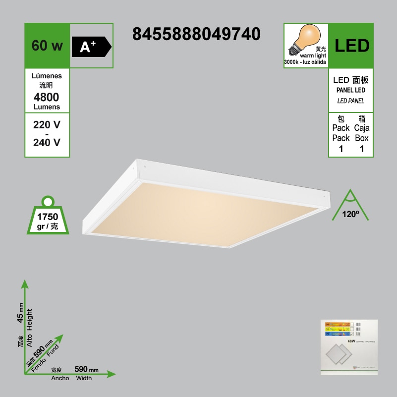 Surface LED panel 600X600 CM white square 60W 3000K 4800Lm light yellow