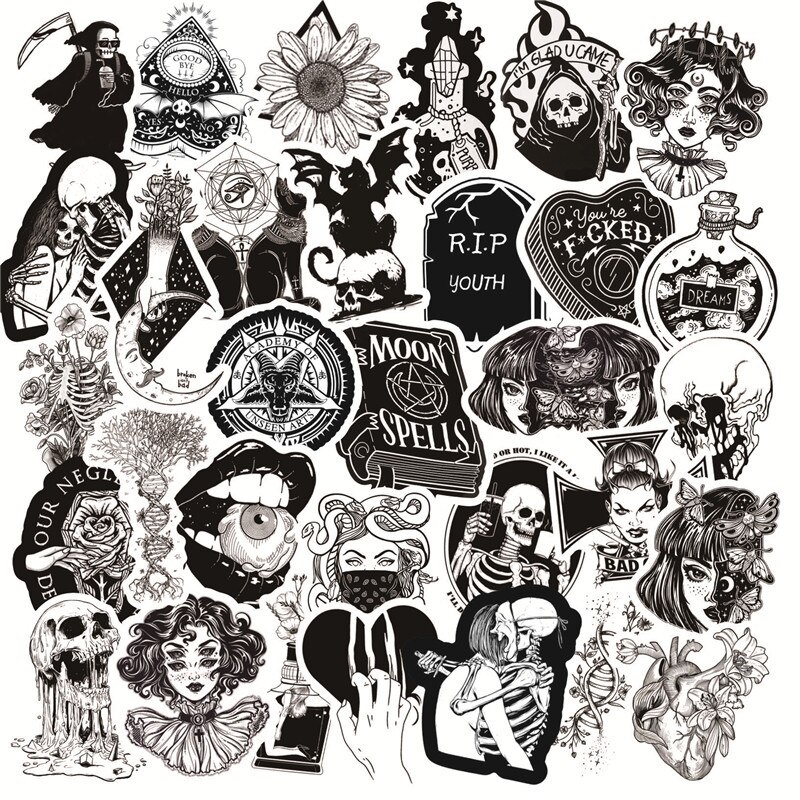 50pcs/lot Black and White Gothic Stickers For Luggage Motorcycle Suitcase laptop skateboard Stickers
