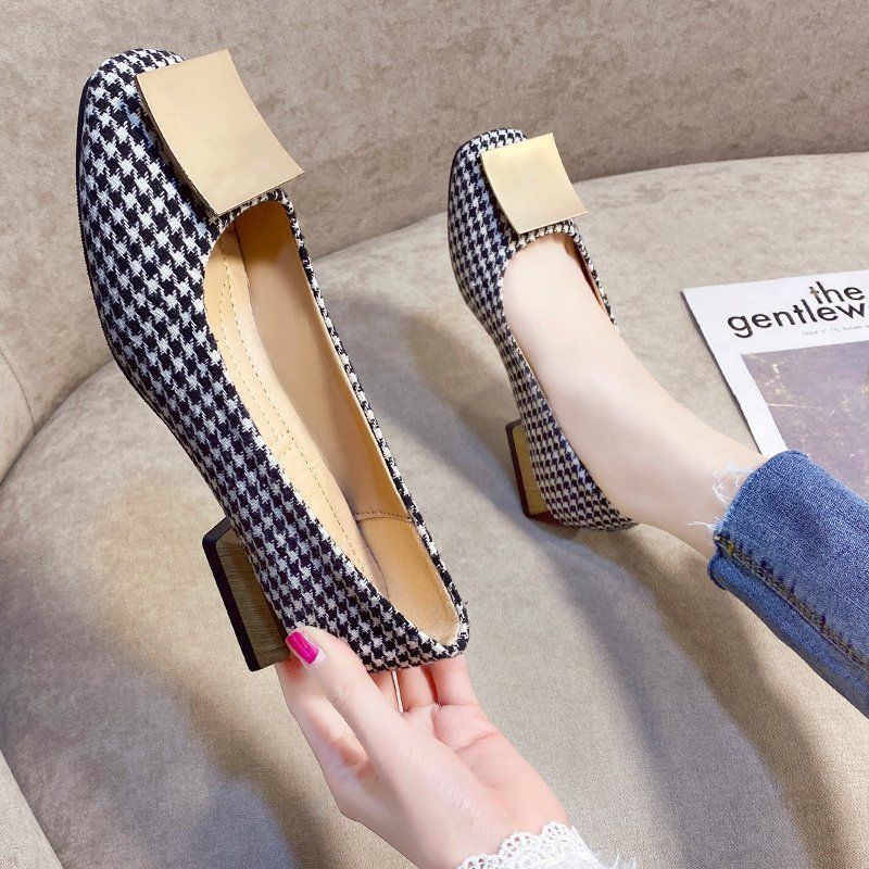 Cresfimix Women Classic Round Toe Office Square Heel Pumps Lady Casual Black Plaid Summer High Heel Shoes C6308: a / 6.5