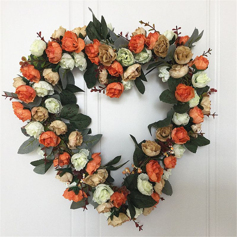 Artificial Flowers Heart-shaped rose Wreath Spring Wreath Outdoor for Front Door 57BB