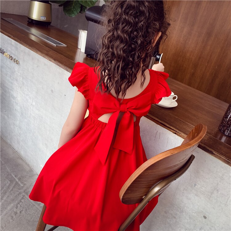 Girls Chiffon Dress with Bowknot Summer Princess Party Dress for Girls Wedding Red Dress Kids Clothing 4 5 7 9 11 13 Years