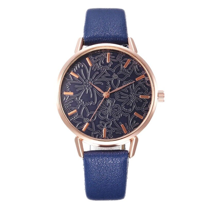 Dames Student Horloge Mode Creatieve Reliëf Bloemen Quartz Horloge Luxe Vrouw Rvs Horloge Relogio Feminino: Blauw