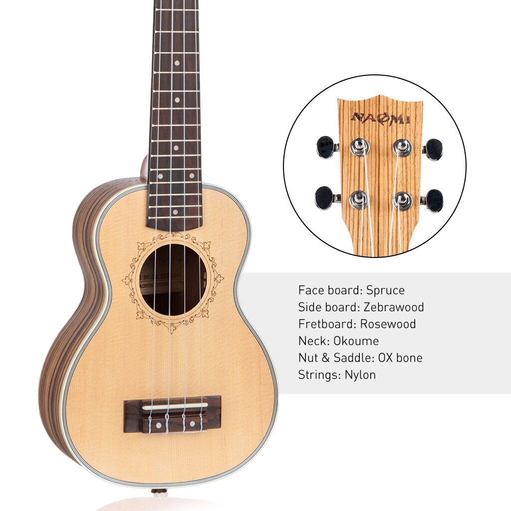 4 Strings Acoustic Ukulele Spruce Panel Zebrawood Side And Back Hawaii Guitar Guitarra 21" 23" 26" Ukulele Option