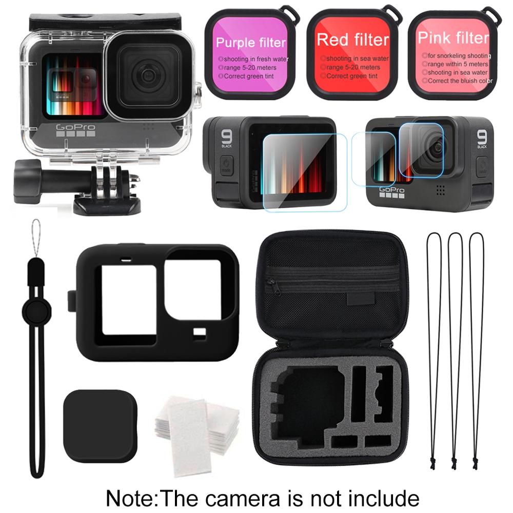 Juego de accesorios para Gopro hero 9, funda de EVA, película templada, carcasa impermeable, Protector de silicona con filtro rojo: Color negro