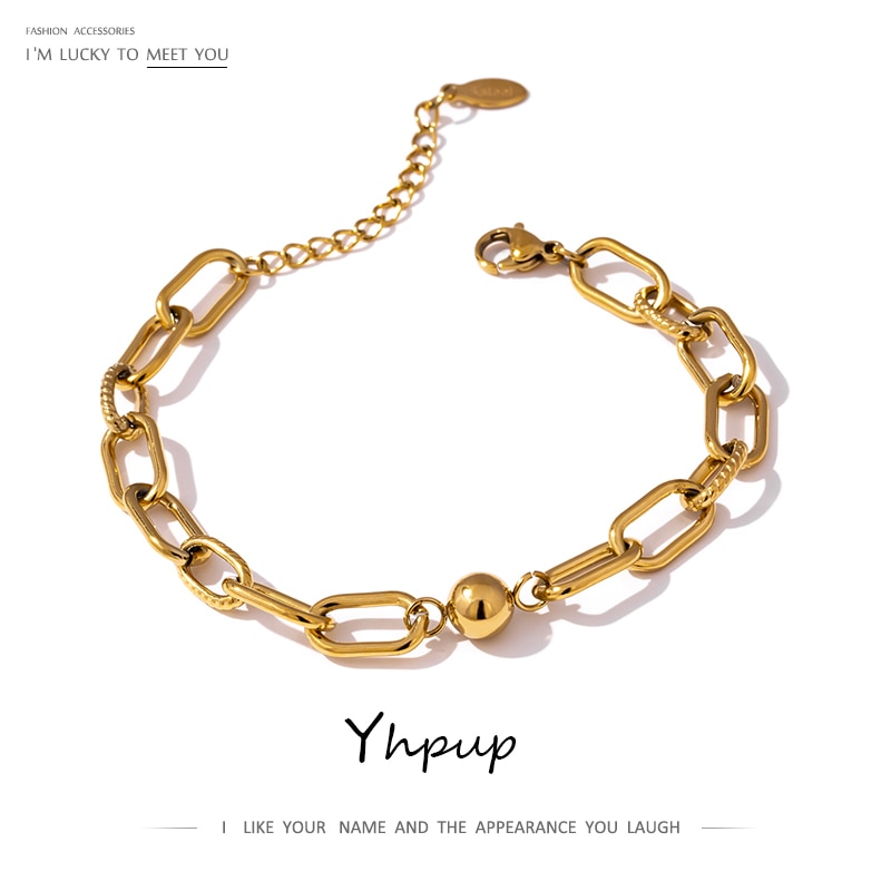 Yhpup, nueva pulsera dorada de acero inoxidable, abalorio de joyería, textura de Metal, pulsera geométrica de muñeca de 14 K para mujer, accesorios de Bisutería