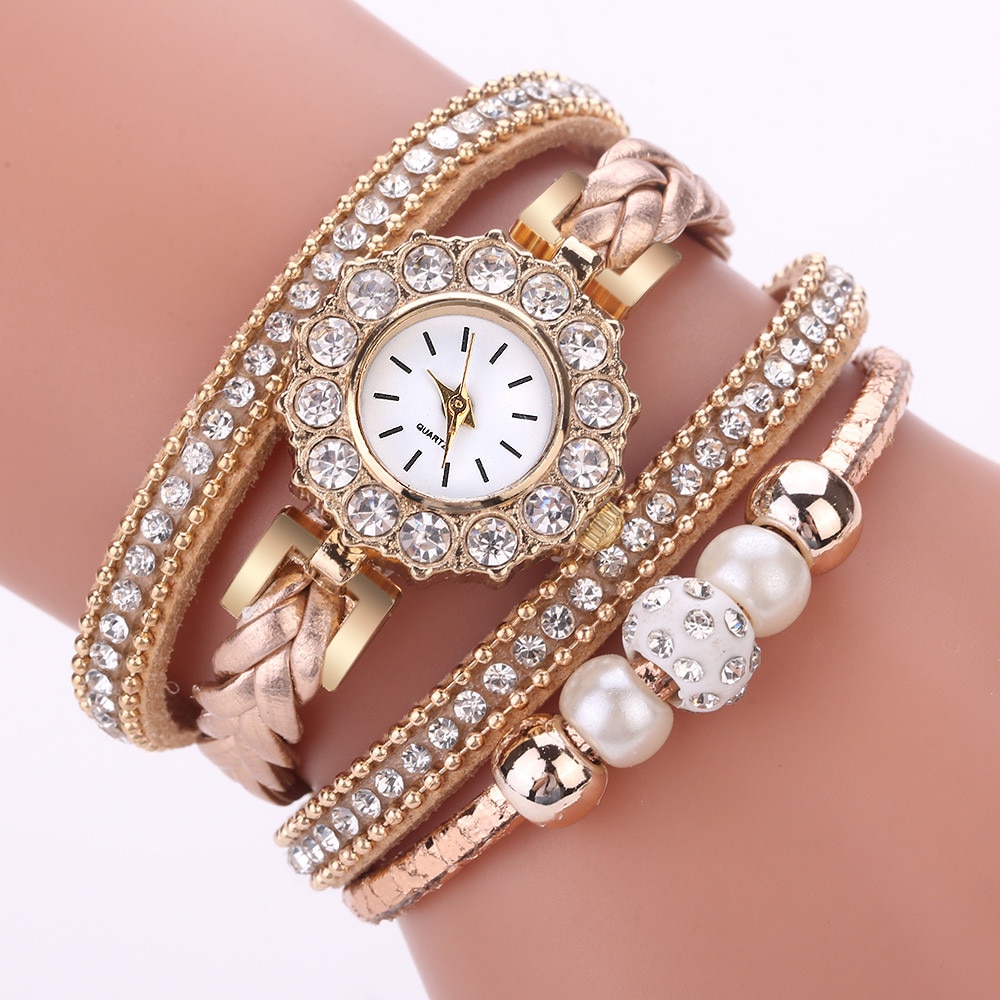 Vrouwen Horloge Prachtige Strass diamant parel Armband horloge Mode Weave Wrap Quartz Horloge Armband Voor Dames YE1