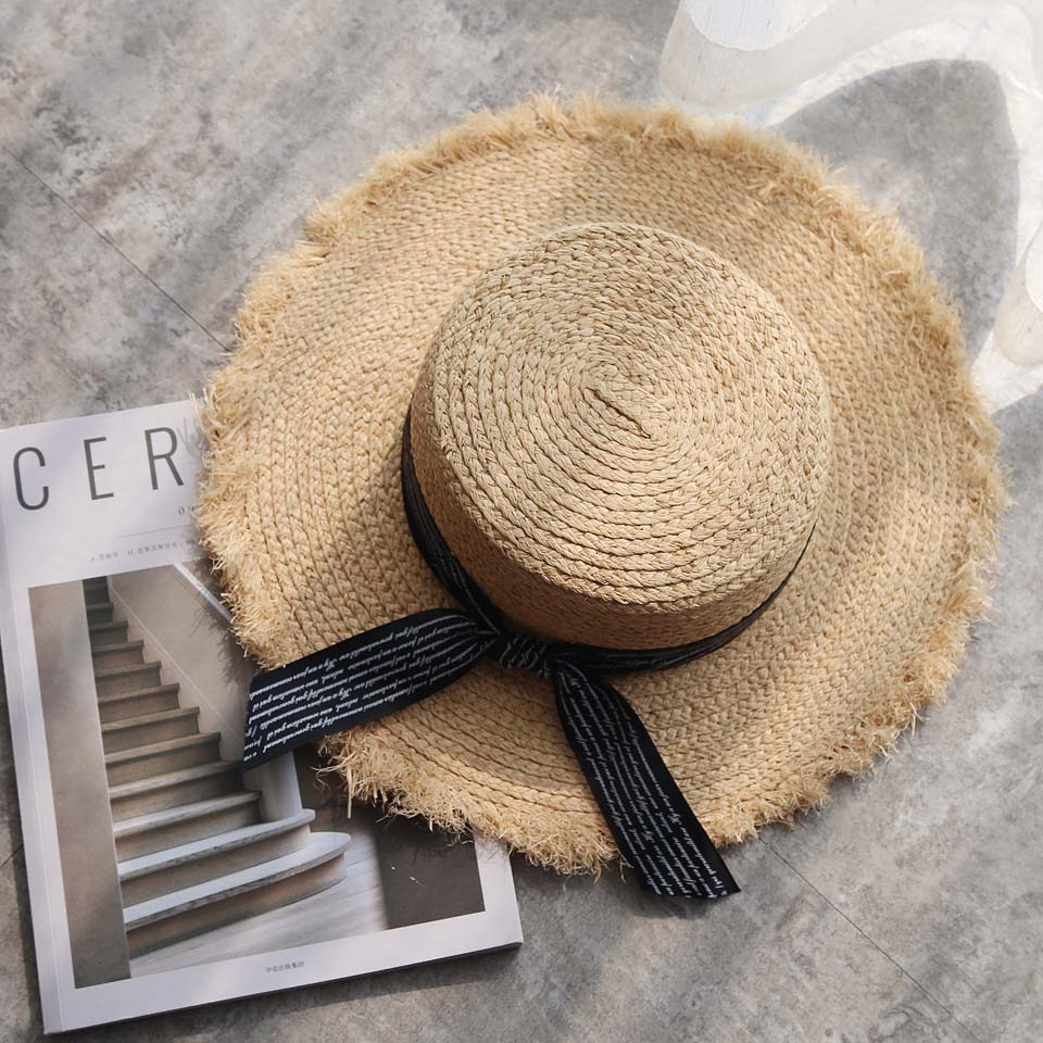 Håndlavede raffia sol hatte til kvinder sommer kvinder udendørs parasol stråhat strand hat foldbar hat med 6 farver brevbånd