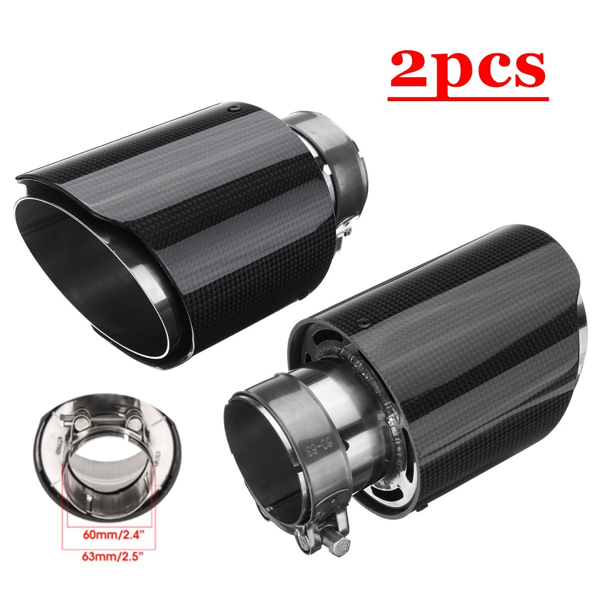63-101Mm Auto Uitlaat Uitlaatpijpen Glossy Carbon Uitlaat Tip Tail End Universele Rvs Rechte In 63mm Out 101Mm Heldere: 2 pcs