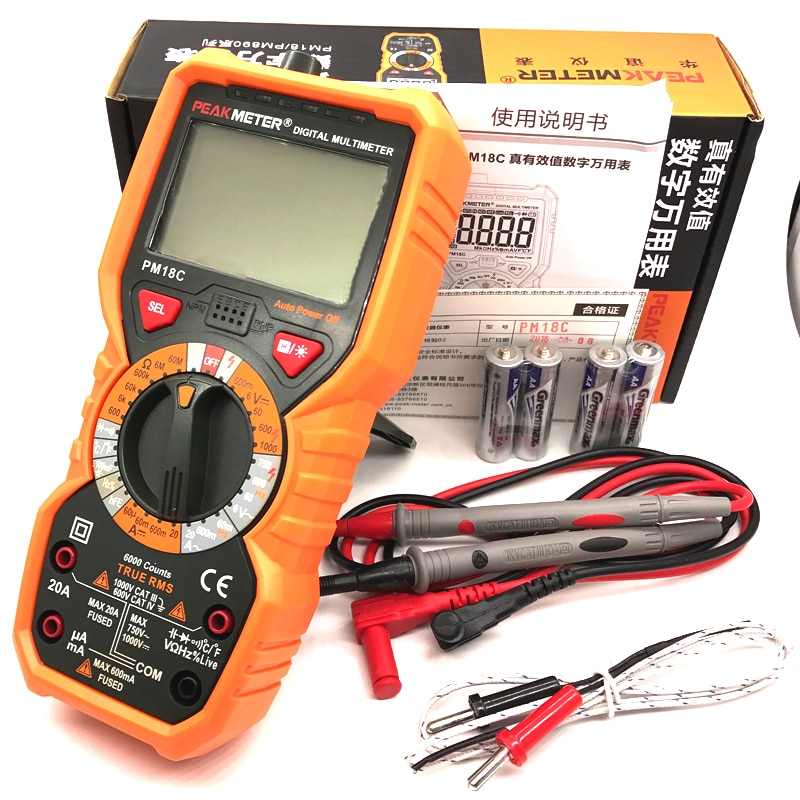 Peakmeter  pm18c trms digitalt multimeter 6000 tæller ac dc volt amp meter ohm modstand kondensator temperatur live wire freq tester