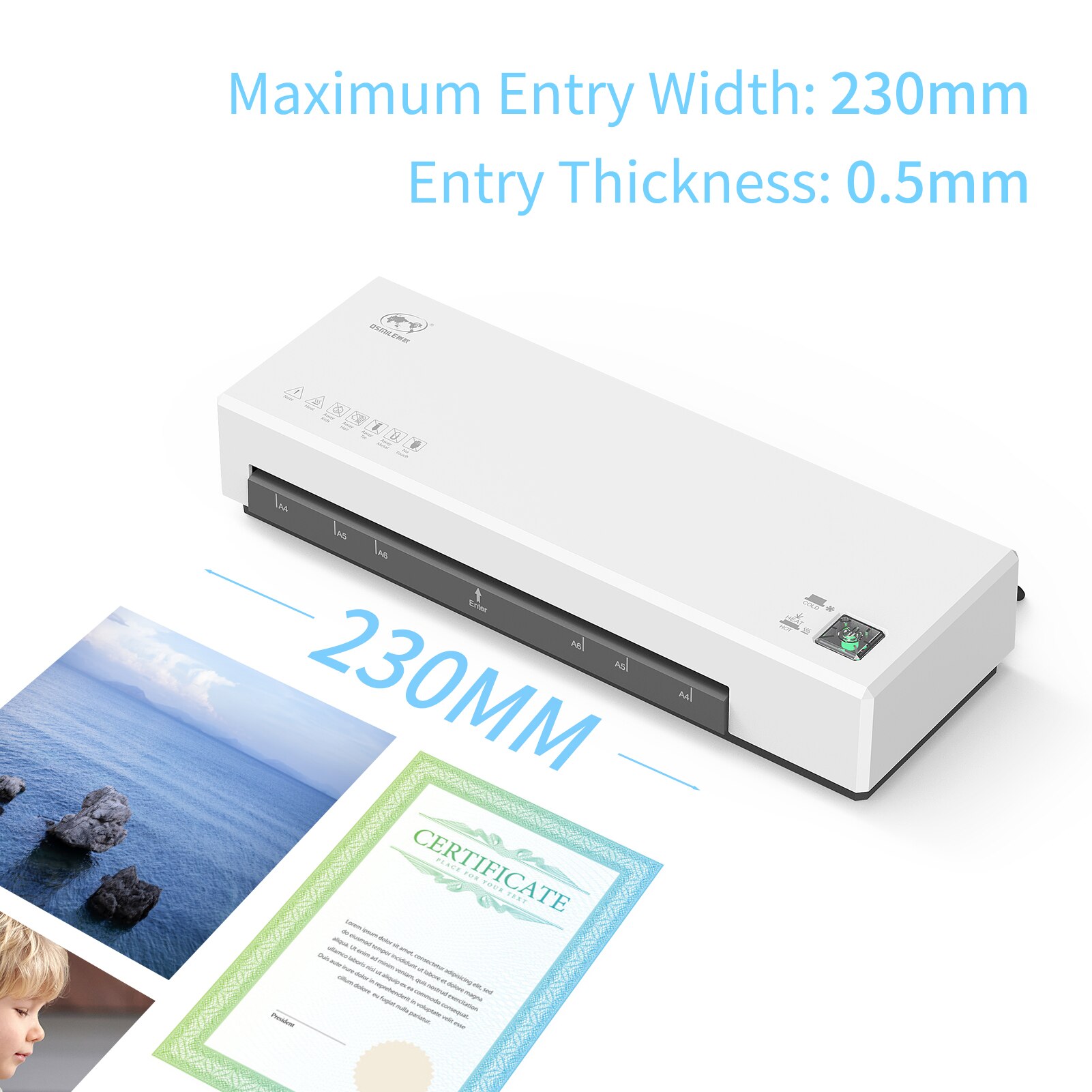 Desktop Laminator Machine Set and Cold Lamination 2 Roller System 9 inches Max Width Suitabe for A4/A5/A6 Laminating Pouches