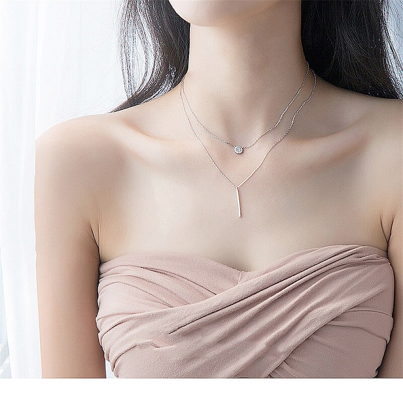 INZATT Echt 925 Sterling Silber Elegante Doppel Schicht Geometrische Anhänger Halskette Edlen Schmuck Für Frauen Hochzeit Partei Bijoux