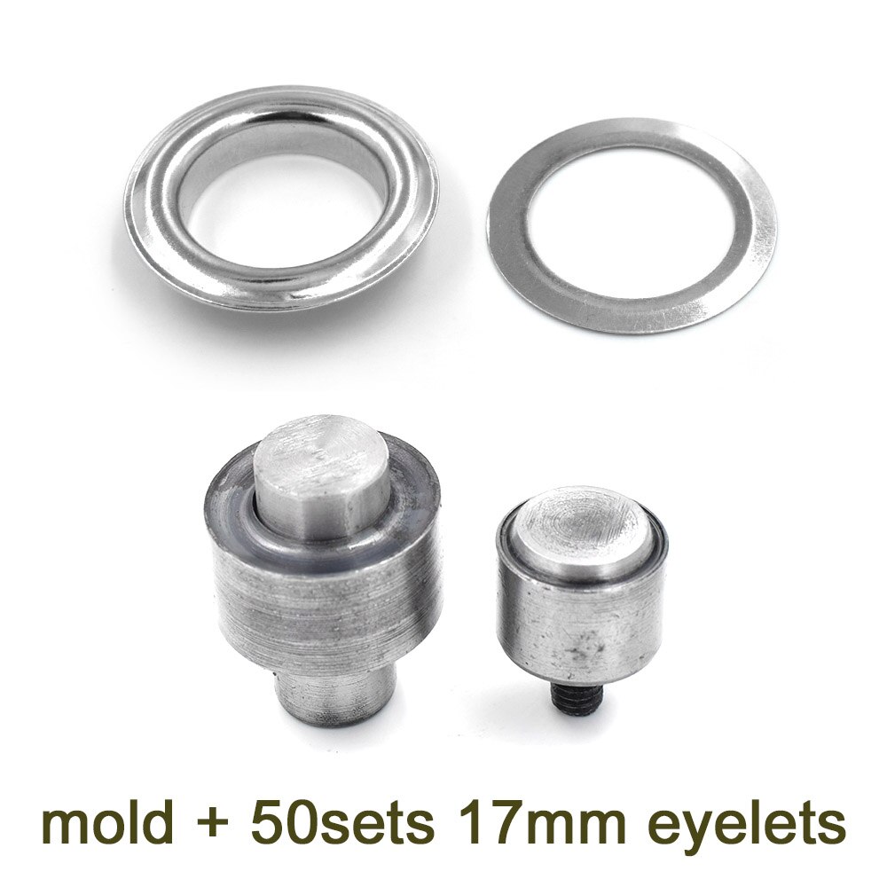 50 sets/zak. 1700 # binnendiameter 17mm oogjes. metalen gat. metalen touw gat. knop. Mold. knop gereedschap. Snaps: 50eyelets and molds