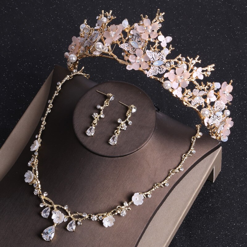 Barroco ouro borboleta cristal traje conjuntos de jóias strass tiara nupcial feminino conjunto de jóias de casamento gargantilha colar brincos