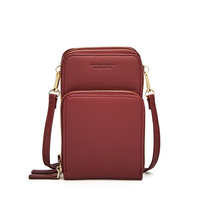 3-Layer Crossbody Bag Phone Bag Women Solid PU Leather Card Wallet Shoulder Bag Pocket Clutch Cellphone Bag: wine red