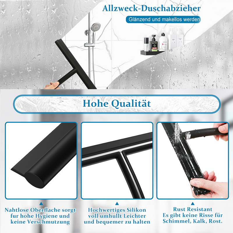 Glas-Silikon-Wischer-Duschabzieher mit Edelstahlkern, Silikonhaken 21/28 cm, für Duschtüren, Fenster