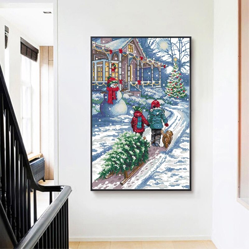 Cross Stitch Stamped Kits 14CT Printed Embroidery Cloth Needlepoint Kits Easy Patterns for Christmas Snow Scene