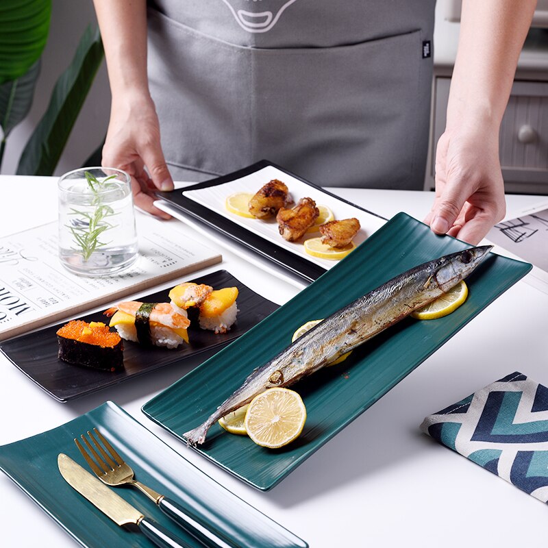 12 Inch Ceramic Tray Rectangular Snack Steak Tray Fruit Salad Sushi Dish Dumpling Plate Serving Platter