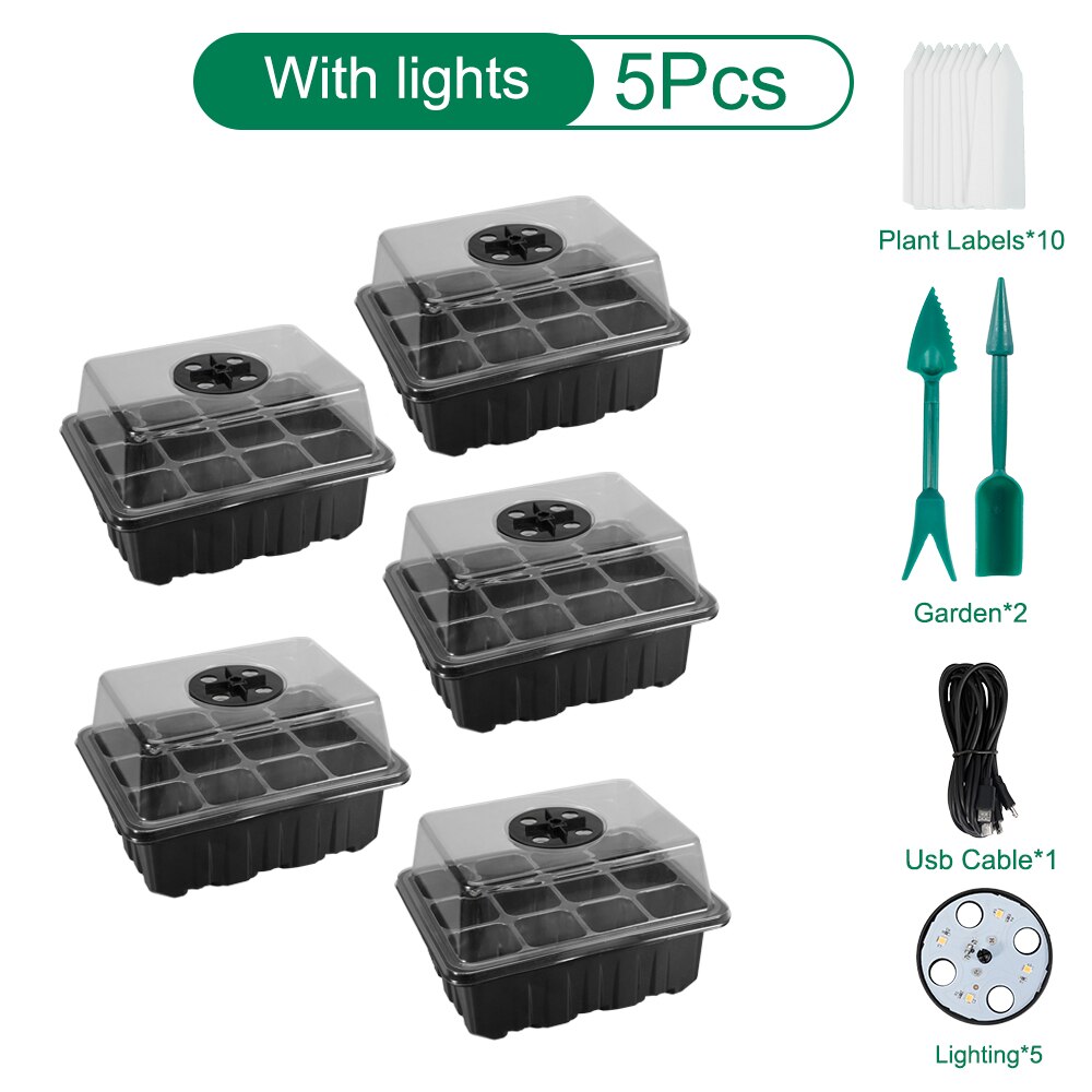 5Pack Plant Seed Seedling Starter Trays Kit with Grow Light Indoor Greenhouse Mini Propagator Station for Seeds Growing Starting: Black B
