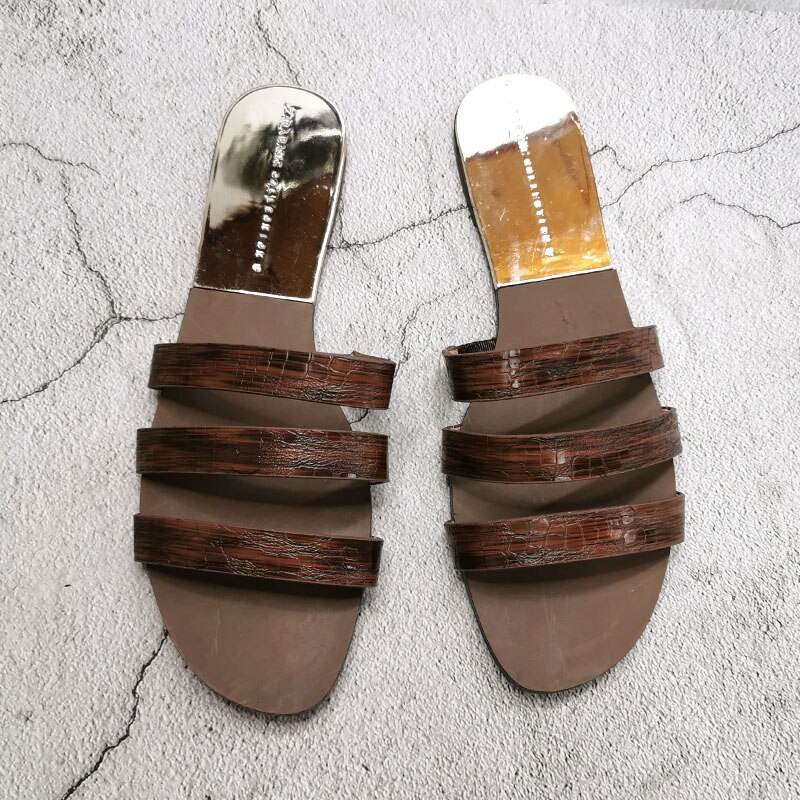 Sommer bælter flad hæl kvinder sko strandsandaler udenfor sommer blødt læder kvindelige slides gennemsigtig åben tå sandal: Brun / 9.5