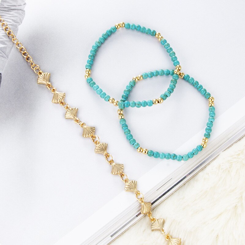 5 Stks/partij Blauw Turkoois Kralen Enkelbandje Armband Op De Been Goud Kleur Shell Multilayer Enkelbanden Voor Vrouwen Strand Voet sieraden