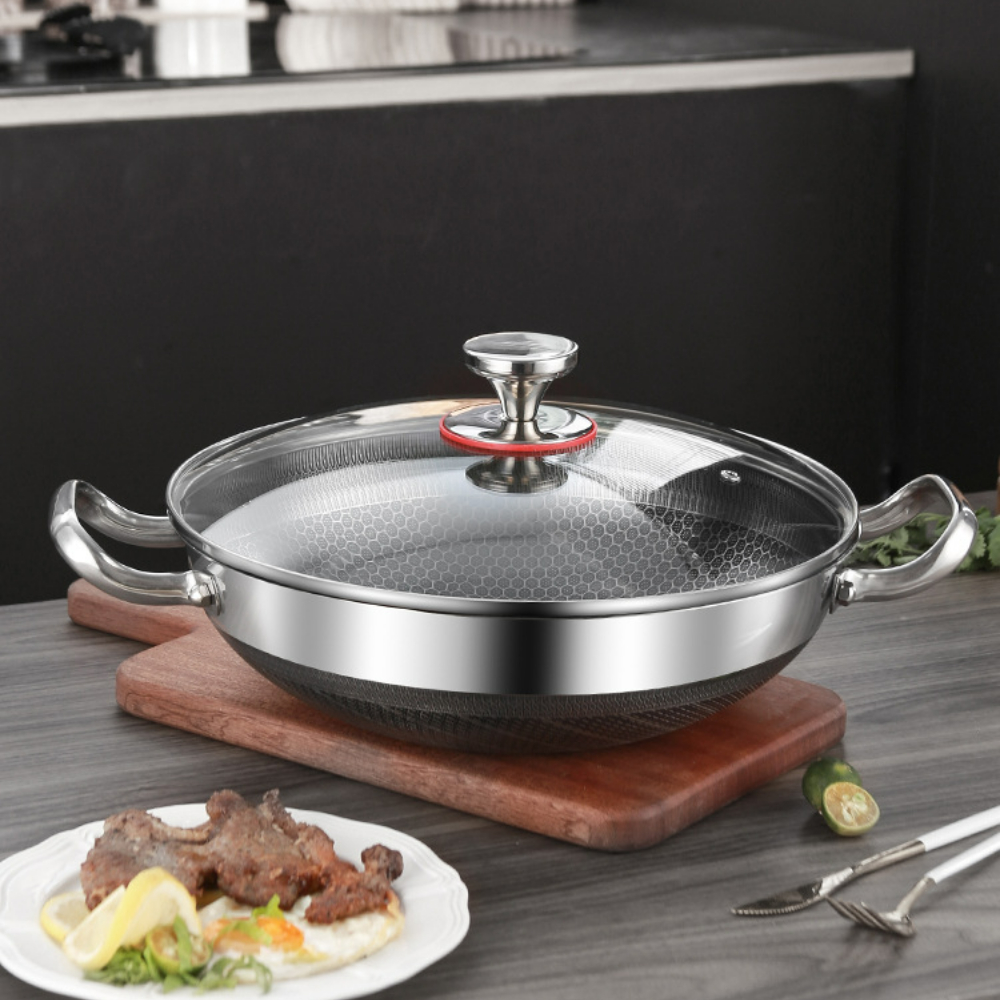 32cm 304 Stainless Steel Frying Pan Food Grade Non Stick Pan Honeycomb Pot Bottom Induction Cooker Gas Stove General Wok: YELLOW / 26cm-35cm