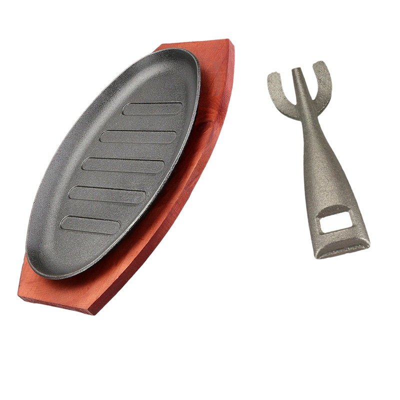 Kitchen Tools Dinner Plate Steak Sizzle Plate Cast Iron Sizzling Platter Serving Plate Wooden Base + Handle: white