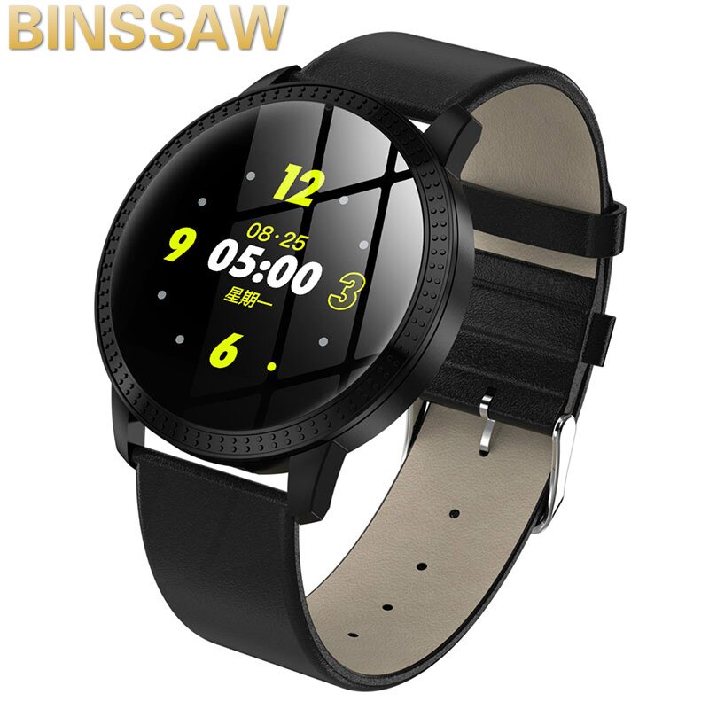 BINSSAW Luxury SmartWatch IP67 Waterproof Heart Rate Monitor Blood Pressure Fitness Tracker Men Women Smartwatch For IOS Android: 02leather black