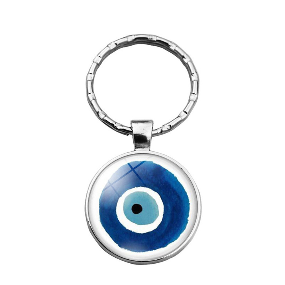 Beautiful Blue Evil Eye Religious Photo Round Glass Keychain Pendant Keyring Eyelash Big Evil Women Men Jewelry: Ivory