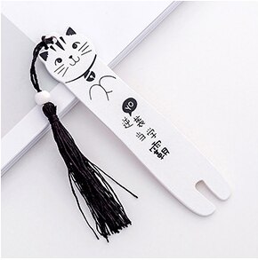 Kawaii Cartoon Cat Wooden Bookmarks for Books Black White Color Bookmark Tassel Book Page Student Stationery Supplies: 1
