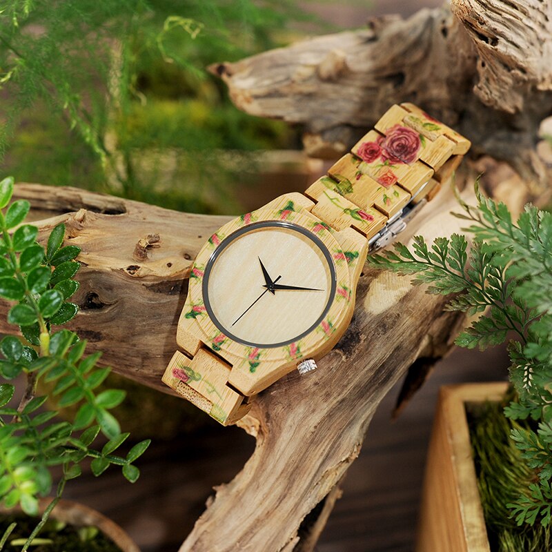 Bobo bird houten herenhorloges met bloemenprint van bamboeband, horloge voor heren, dameshorloges, herenhorloges