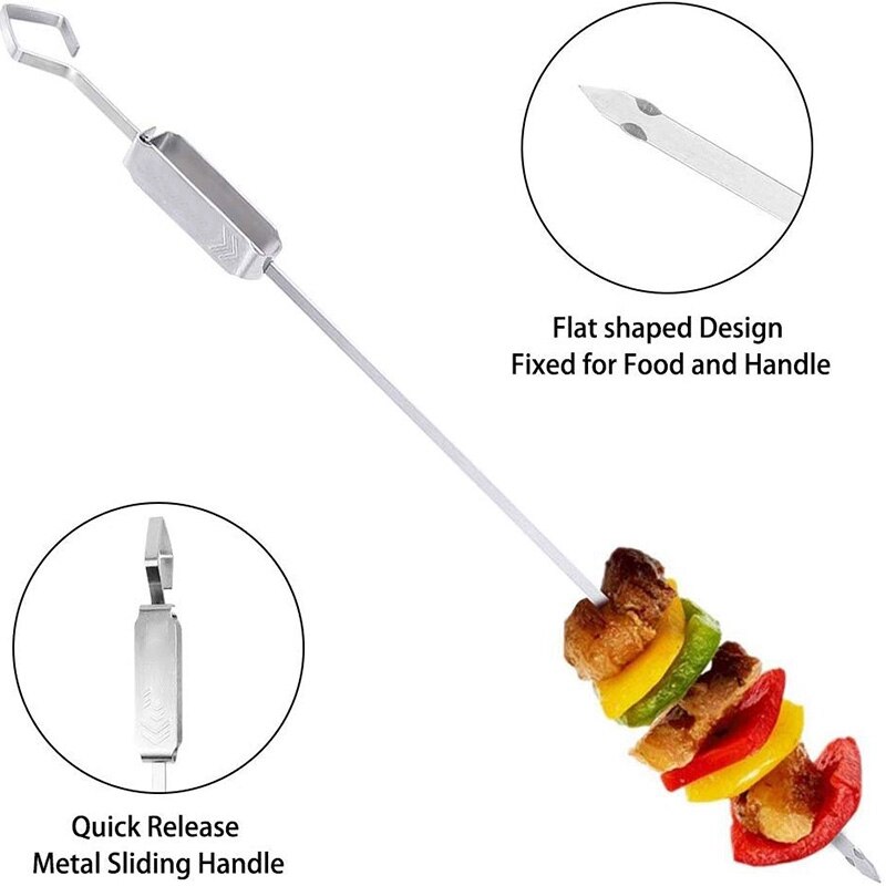 Stainless Steel Grilling Skewers with Quick Release Metal Sliding Handle Reusable BBQ Sticks for Meat and Veggies