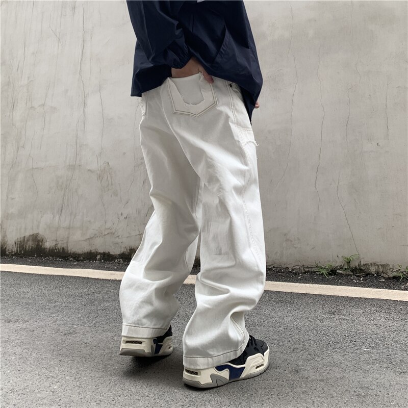 Haute Rue Couche Épissé Solide Jeans pour Hommes Harajuku Droit Baggy Denim Pantalon Oversize Déchiré Lâche Décontracté Jean Pantalon