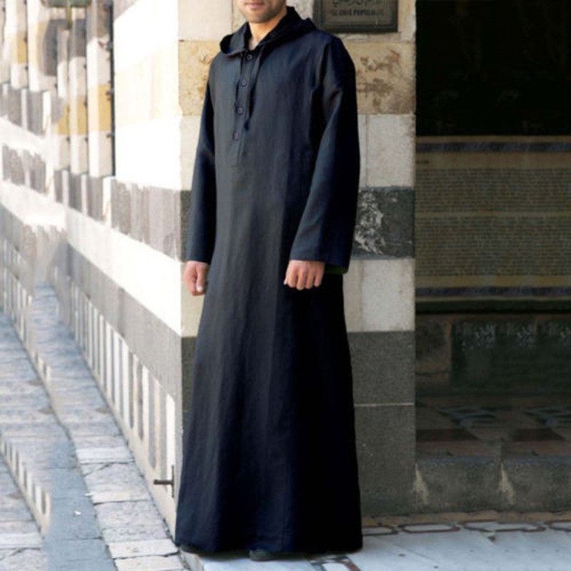 2024 estilo árabe simples longo masculino com capuz longo robe muçulmano roupas turco abaya moda islâmica cor sólida ramadan robe: 5XL / Preto