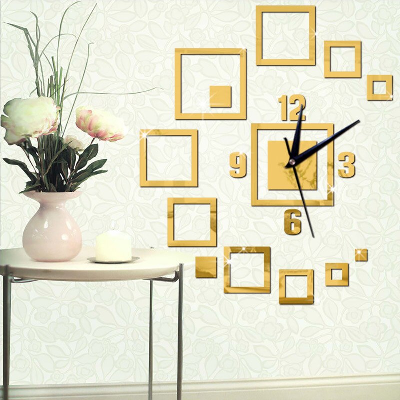 Square mirror wall clock Acrylic three-dimensional environmental wall clock Home bedroom living room decoration clock