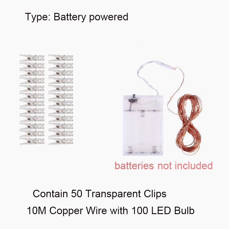 Photo Clip String Lights Battery Powered Room Decoration Fairy String Lights for Hanging Pictures Cards Party Christmas Decor: 10M Battery / Multicolor