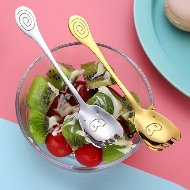 The Seven Color Pig Shape Ice Cream Spoon&amp;Fork Juice Stirring Cutlery Set Coffee Ice Cream Tool Kitchen Tools
